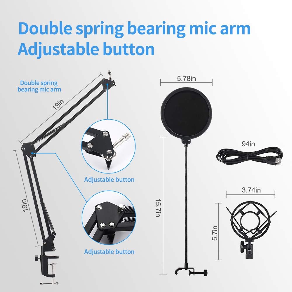 USB Streaming Podcast PC Microphone: Professional Computer Mic 192kHz/24bit Studio Cardioid Condenser Mic Kit with Sound Card Boom Arm Shock Mount Pop Filter, for Skype