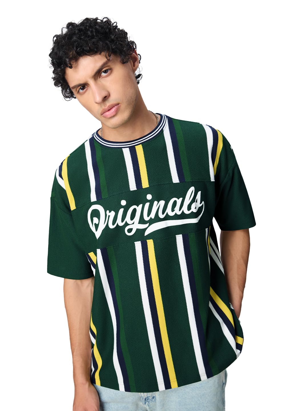 Stripes: Pacific Men and Boys Short Sleeves Round Neck Green Striped Cotton Oversized T-Shirts-image-31