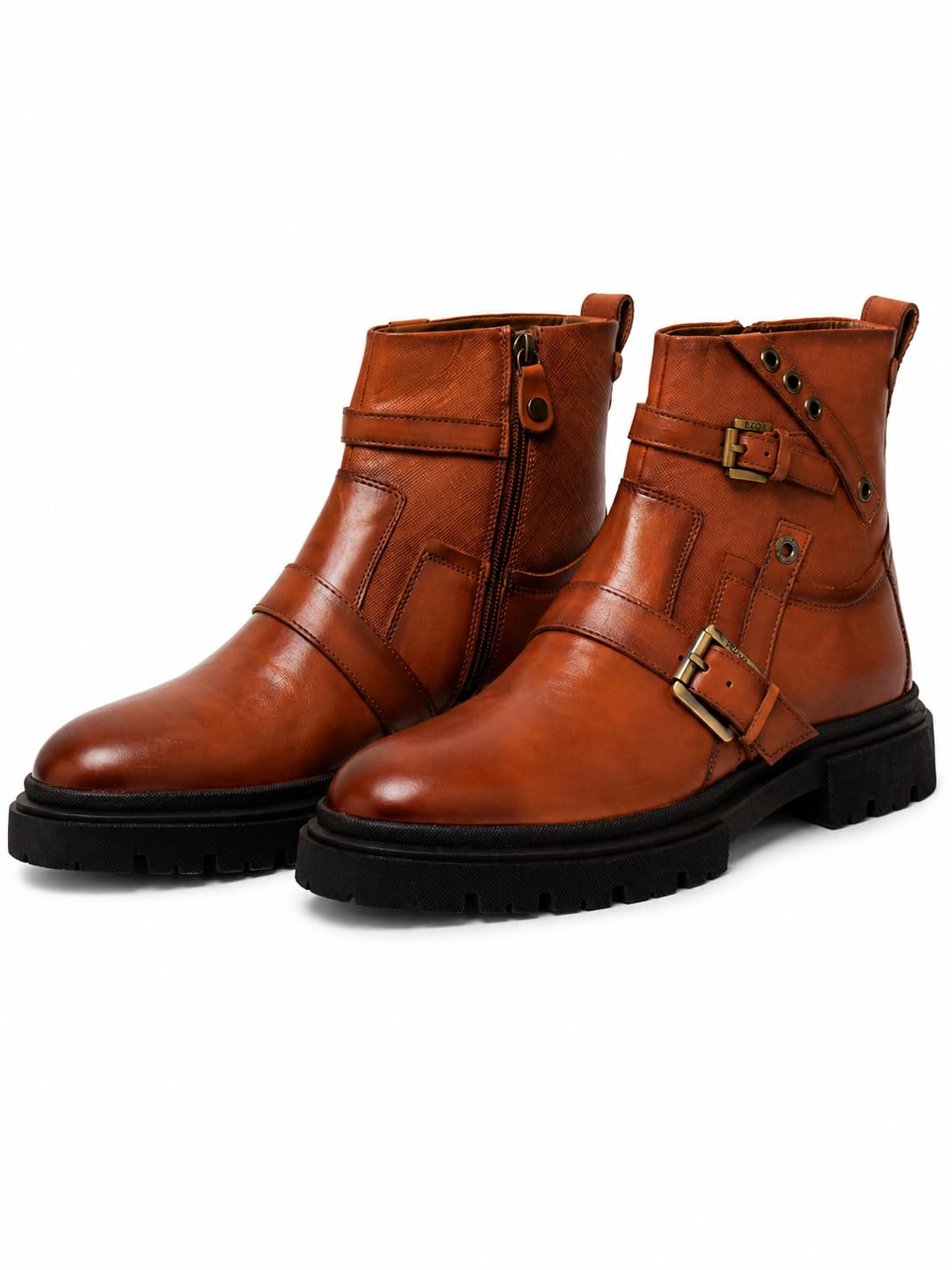 Men’s Leather Buckle Boots | Stylish Ankle Length Casual & Biker Boots | Durable TPR Sole | Slip-On with Strap Design-image-28