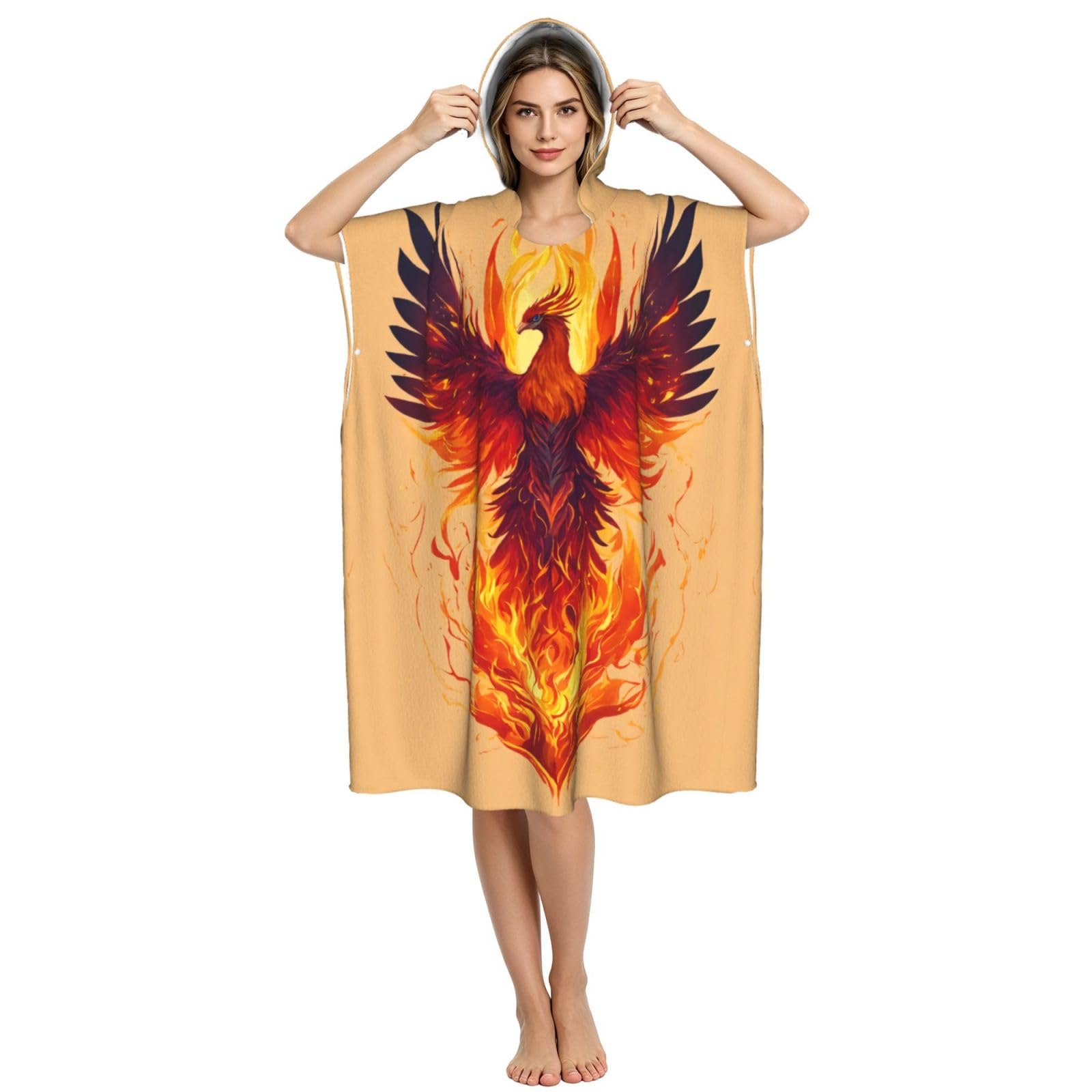 Yyoretp Phoenix Print Surf Poncho Changing Towel Swim Robe Hoodie Quick Dry Terry Cloth Swimming Cover Up