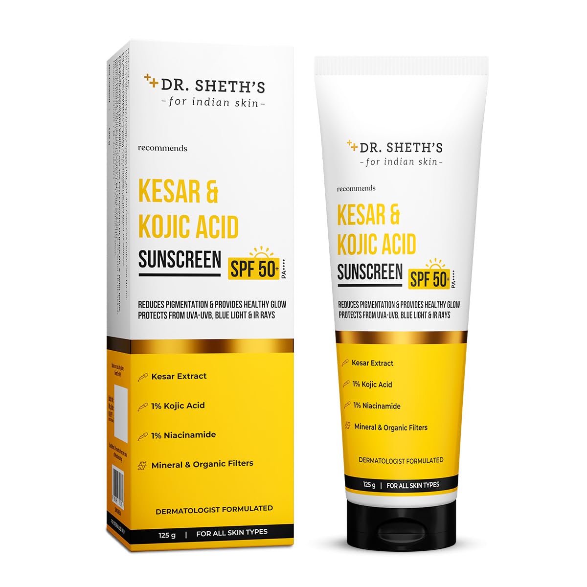Kesar & Kojic Acid Sunscreen SPF 50+ Pa++++ |In-Vivo Tested | For Pigmentation-Free Skin | Lightweight & Non Greasy | For UVA/UVB & Blue Light & IR Protection | No White Cast | For All Skin Types | For Men & Women | 125 g