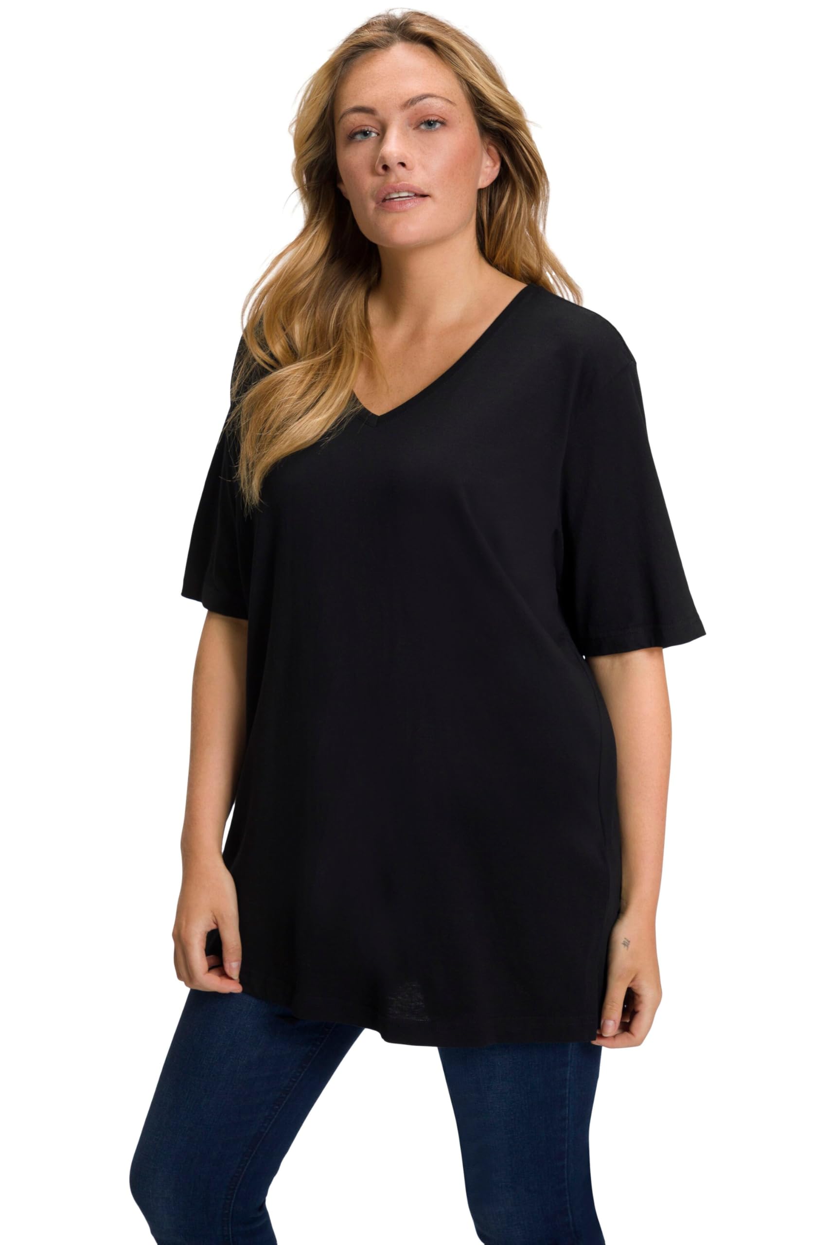 Ulla Popken Womenswear Plus Size Curvy Oversize Relaxed Fit V-Neck Tee Black 42+ 515283 10-42+