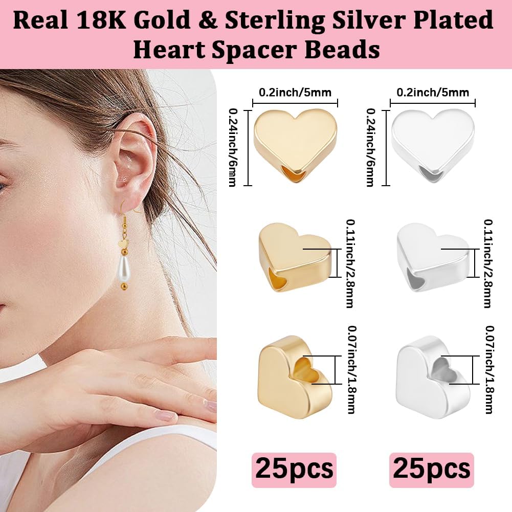 Beebeecraft 1 Box 50Pcs Gold and Silver Heart Beads 18K Gold & 925 Sterling Silver Metal Love Spacer Beads for Jewelry Making Bracelet Necklace DIY