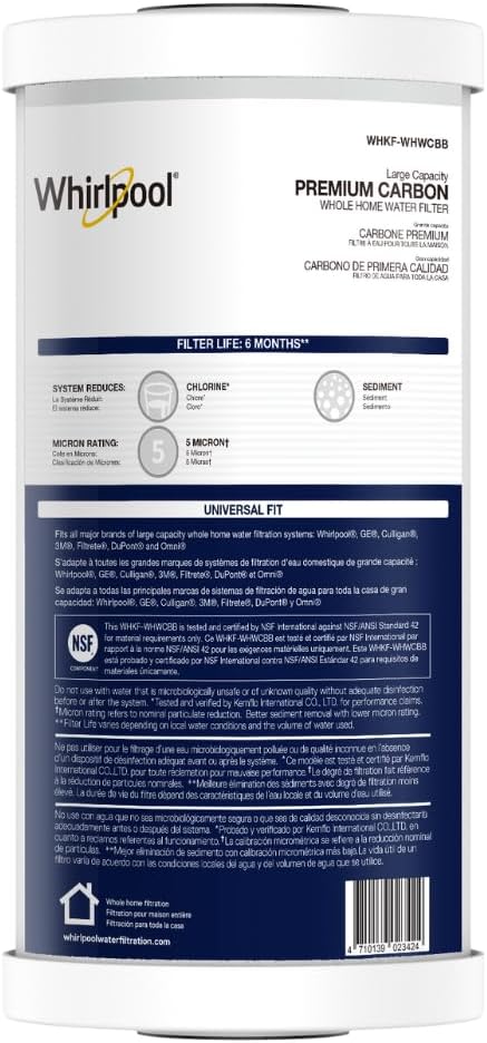 Whirlpool 10" x 4.5" Premium Carbon Water Filter WHKF-WHWCBB, NSF Certified 5 Micron Reduces Chlorine and Sediment, 6-Month Life, Large Capacity Replacement Cartridge Fits Most Home Filter Housings Carbon (1-pack)
