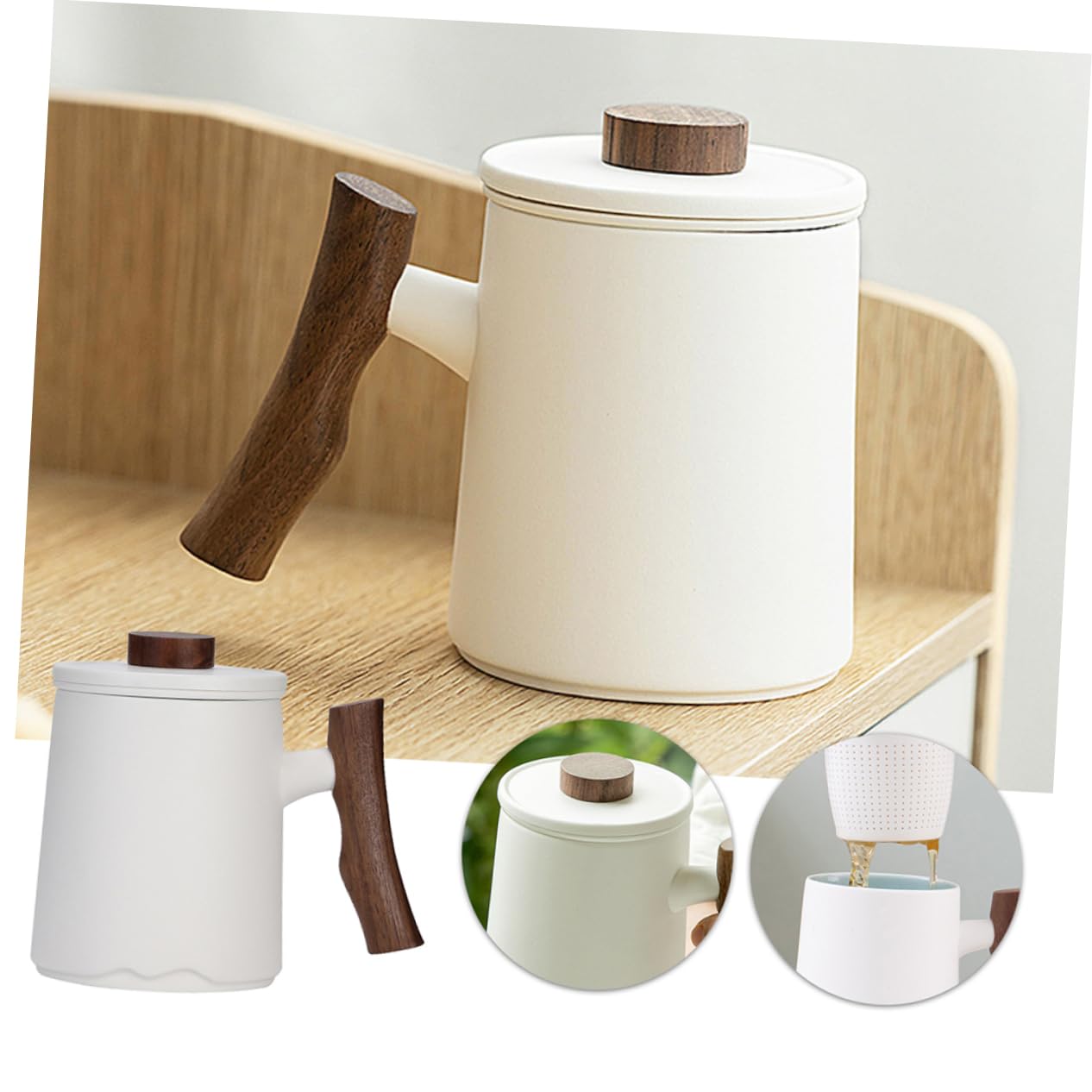 Mug avec Passoire à Thé 360ml en Céramique avec Poignée Bois Blanc