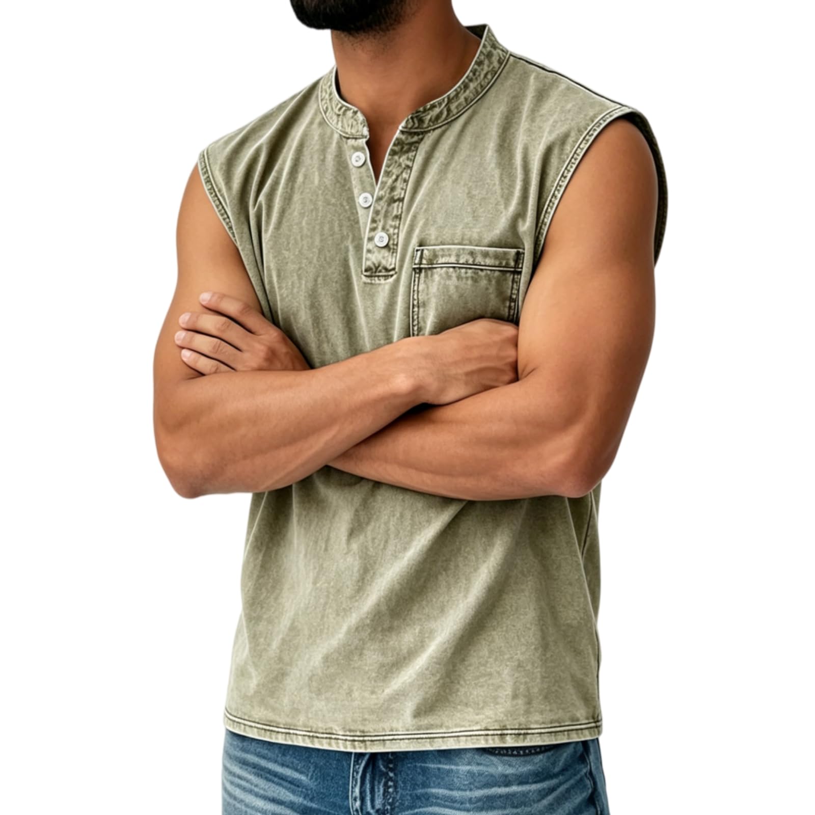 Camiseta sin Mangas para Hombre con Cuello Henley y Corte cómodo, Ideal para Entrenamientos y sesiones Deportivas, con Bolsillos.