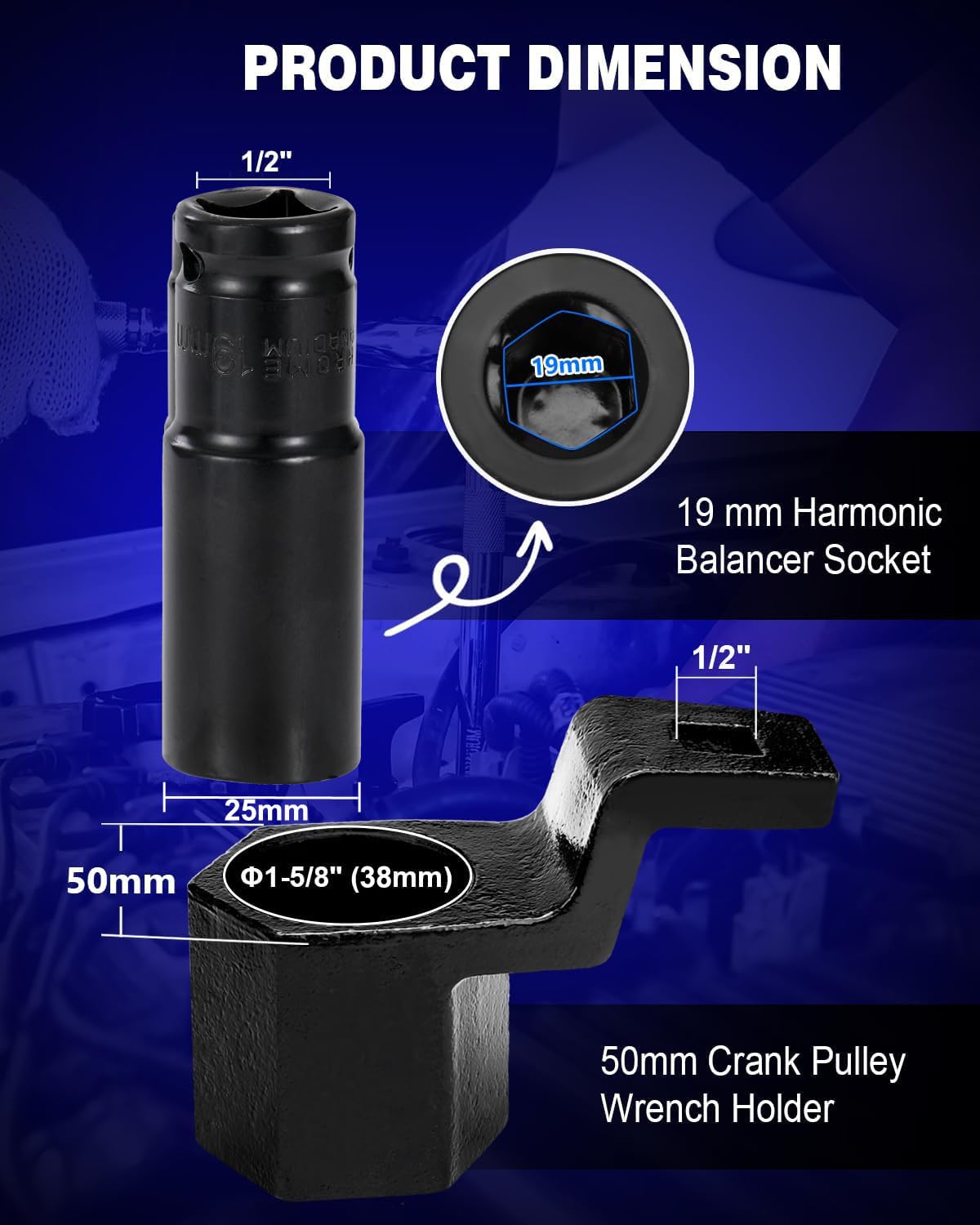 Greluma Juego de Llaves de Vaso equilibradoras armónicas de 19 mm y Soporte para polea de cigüeñal de 50 mm, Herramienta de extracción y sujeción, Compatible con Motores Honda y Acura