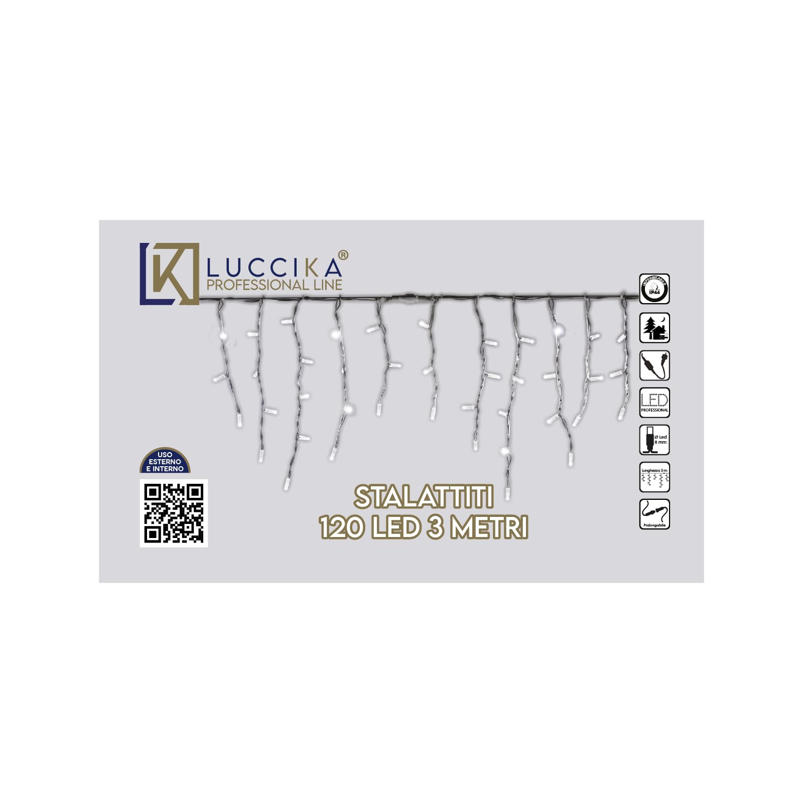 Luccika, Stalaktyt 3x0,7 m 120 MaxiLed żółty z błyskiem biały lód do wewnątrz i na zewnątrz
