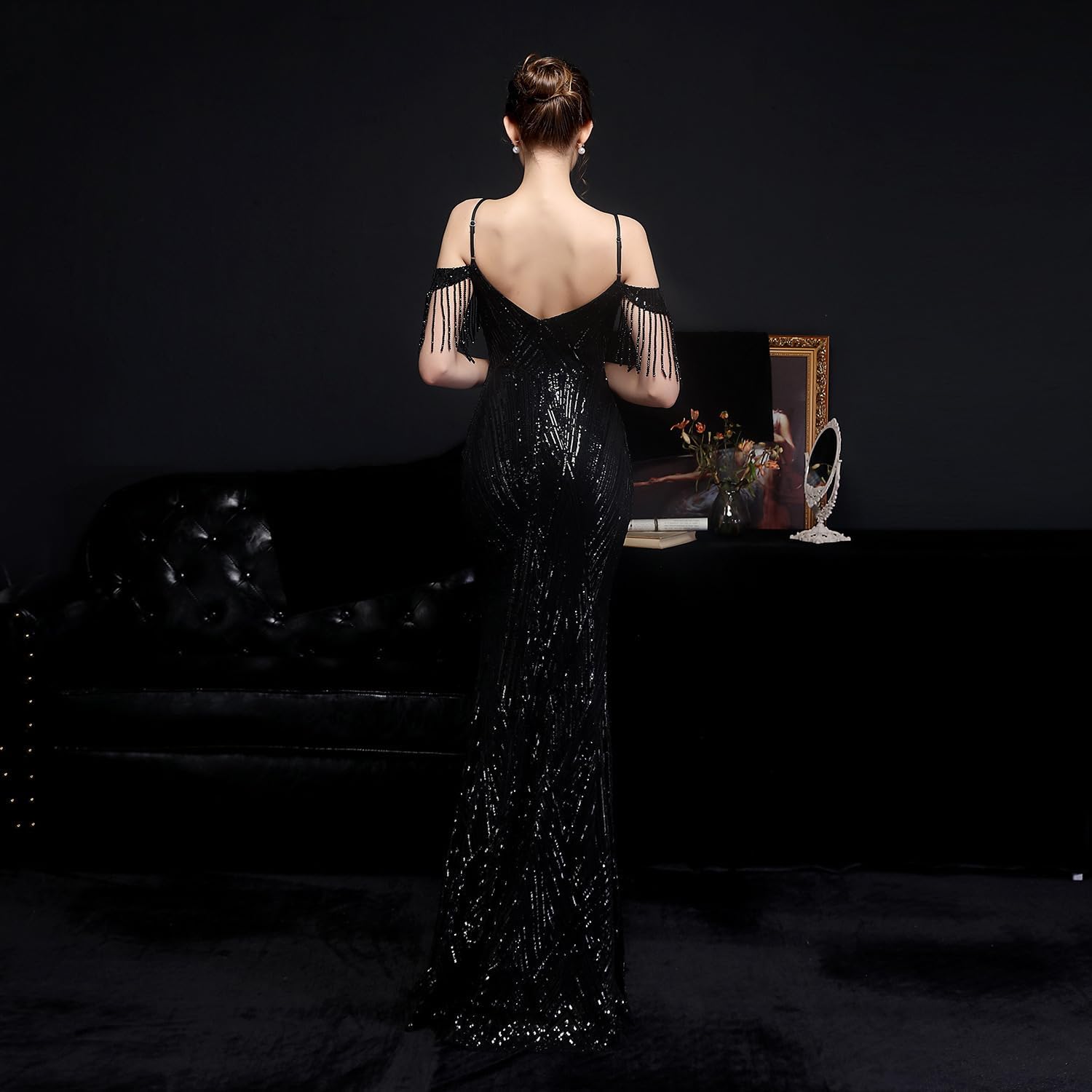 Women V Neck Off Shoulder Backless Sleeveless Floor Length Sequin Wedding Evening Party Maxi Prom Dress