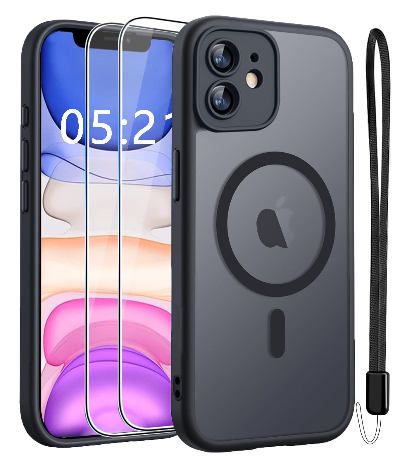 Handyhülle für iPhone 17 Hülle Kompatibel mit MagSafe mit 2 Stück 9H Panzer Schutz Glas, Vollständiger Kameraschutz, Eingebauter Magnetring, Matt Transluzent Schutzhülle für iPhone 17, Schwarz