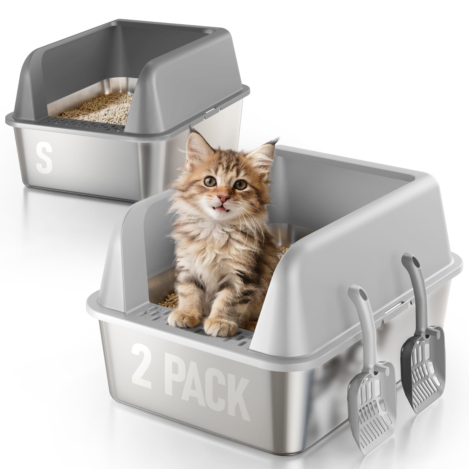 Stainless Steel Cat Litter Box for Kittens, 2 Pack Metal Kitty Litter Box with Scoop, Easy to Clean, No Stains, Anti-Leakage -Small (17.2" L x13.2 W x10.3 H)