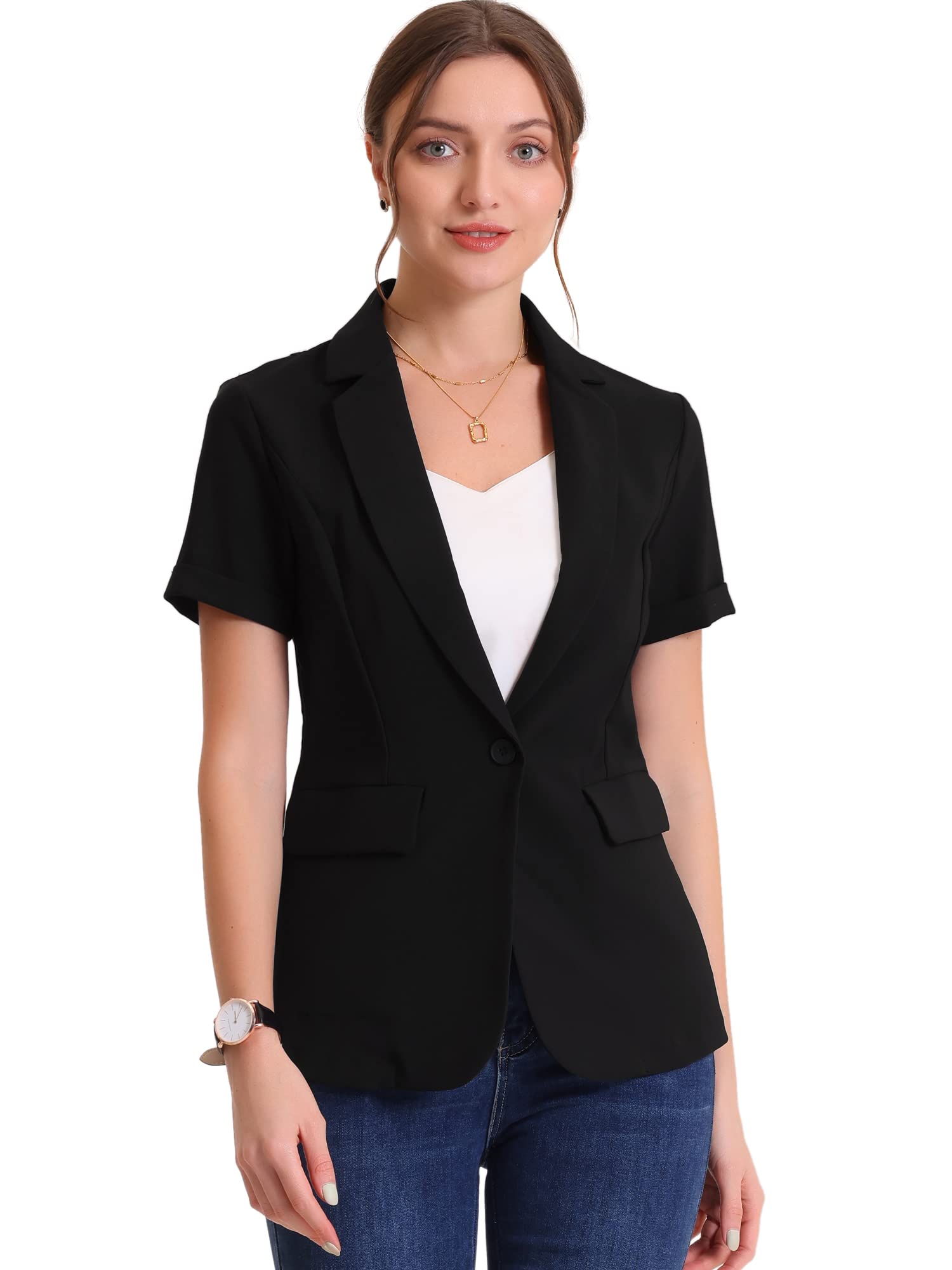 Allegra K Womens 1 Button Blazer Jacket Office Business Short Sleeve Blazer