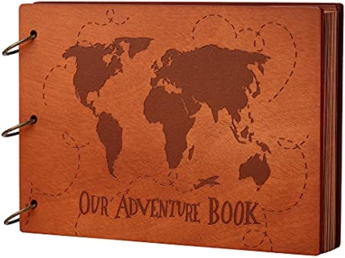 Abenteuerbuch, 3D-Holzeinband, Sammelalbum, Fotoalbum, 30 x 19 cm, zeitloses Erinnerungs-Tagebuch für unvergessliche Abenteuer und wertvolle Momente, ideal für Jubiläen, Reisen und Paare