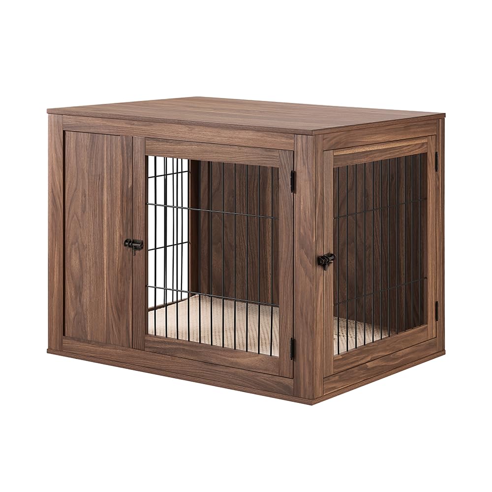 unipaws 38.5 Inch Furniture Style Dog Crate for Medium Large Dogs, Indoor Aesthetic Dog Stuff Kennel, Modern Decorative Wood Wire Cage, Pretty Cute End Side Table Nightstand, Walnut