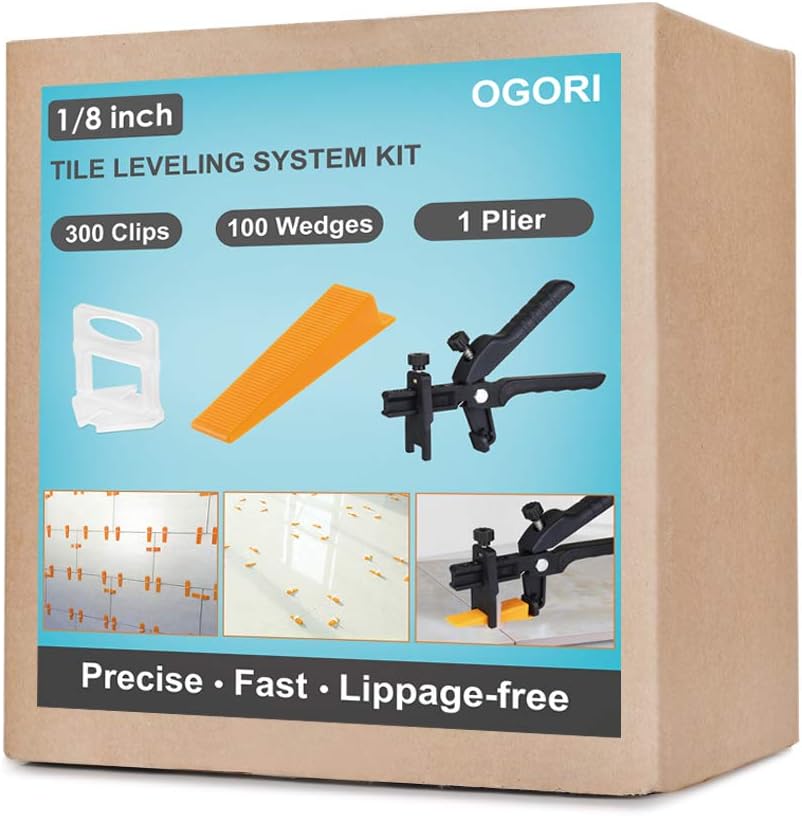 OGORI Tile Leveling System 1/8 inch Kit-300 Leveling Spacer Clips Plus 100 Reusable Wedges for Lippage-Free Tile Installation