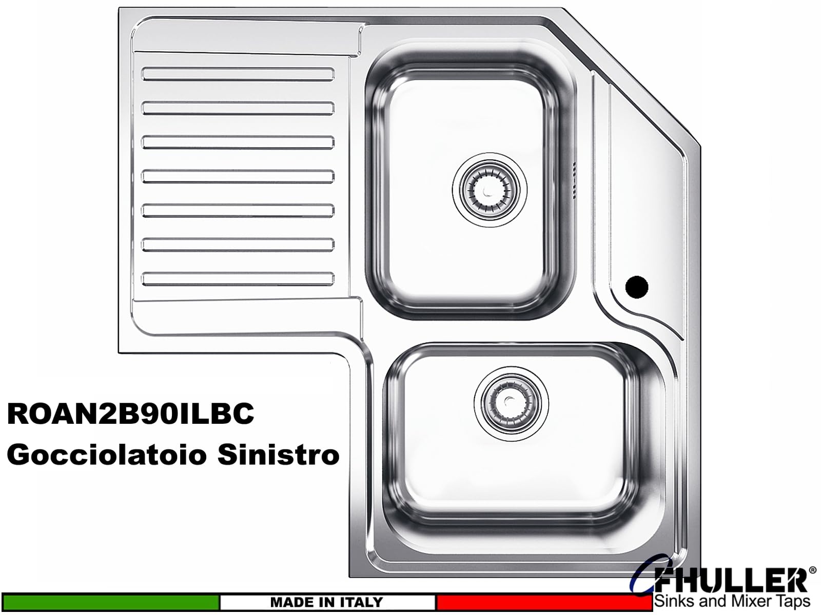 Lavello da Cucina Angolare FHULLER ROAN2B90, 83x83 cm, 2 Vasche, Acciaio Inox con Gocciolatoio