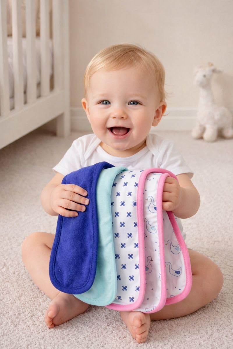 TuddyBuddy Baby Burp Cloth Towel Napkins for Baby Large 17x6 Inches, Fine Double Layer 100% Cotton (Pack of 4, Ducks & Crisscross, 50X20 Cms) 1