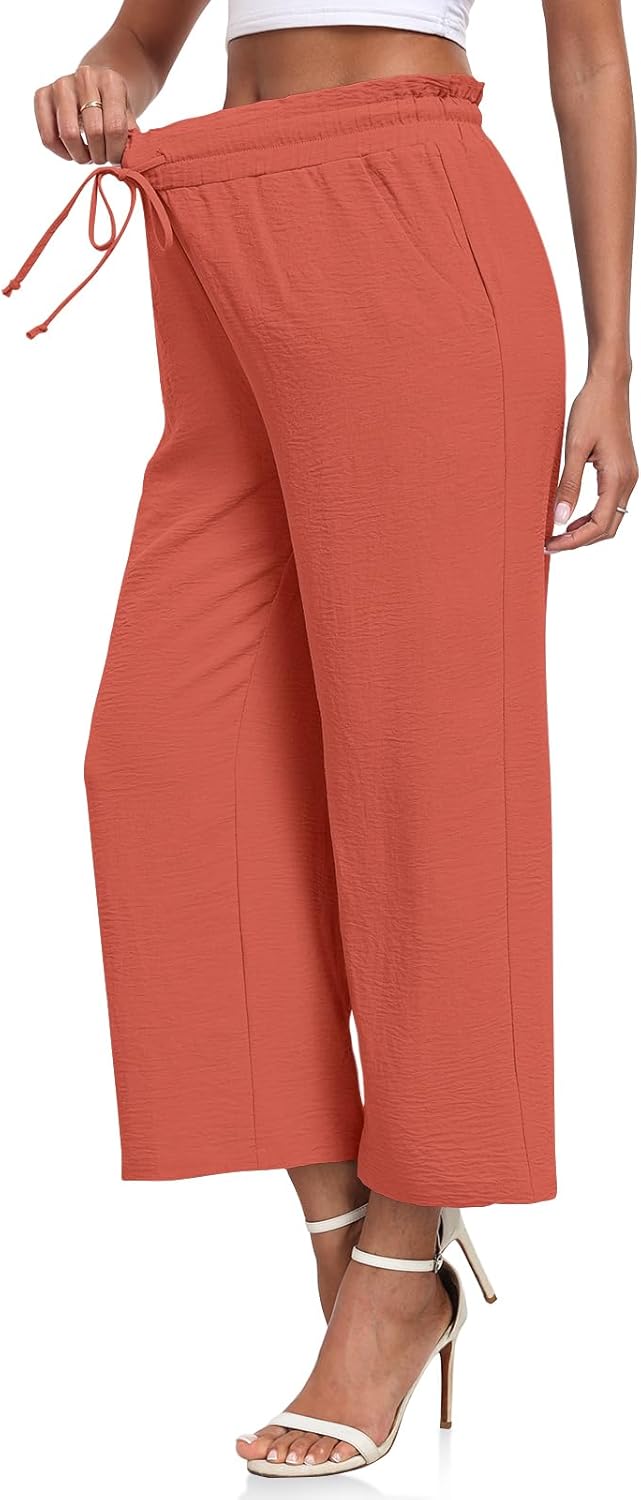 CATHY Womens Casual Wide Leg Pants Drawstring High Waisted Trousers with Pockets - Image 3