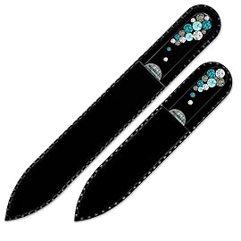 Mont Bleu Set of 2 Glass Nail Files Hand Decorated with Crystals - in Black Velvet Sleeve - Genuine Czech Tempered Glass - Birthday Gifts for Women - Crystal Nail Files for Natural Nails