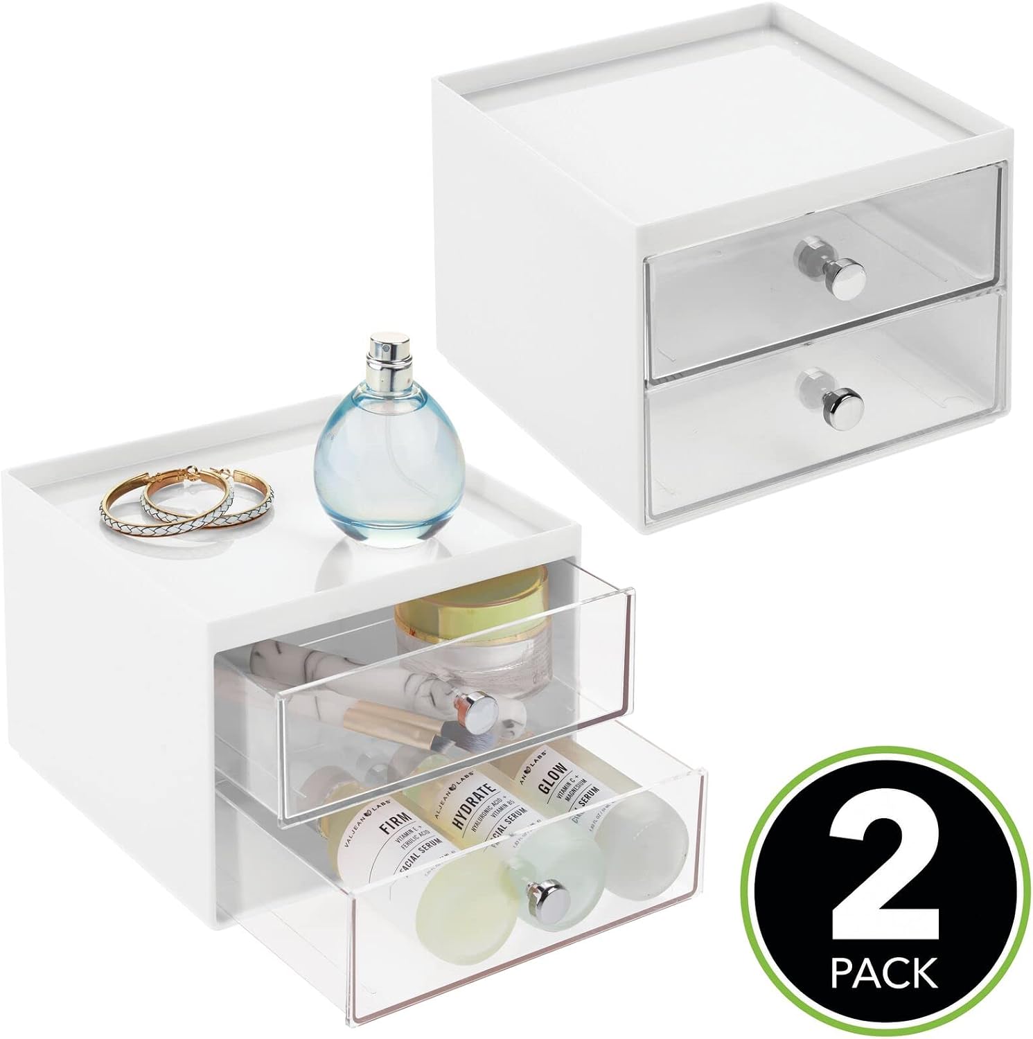 mDesign Plastic Makeup Organizer Storage Station Cube with 2 Drawers for Bathroom Vanity, Cabinet, Countertops - Holds Lip Gloss, Eyeshadow Palettes, Brushes, Blush, Mascara - 2 Pack - White/Clear