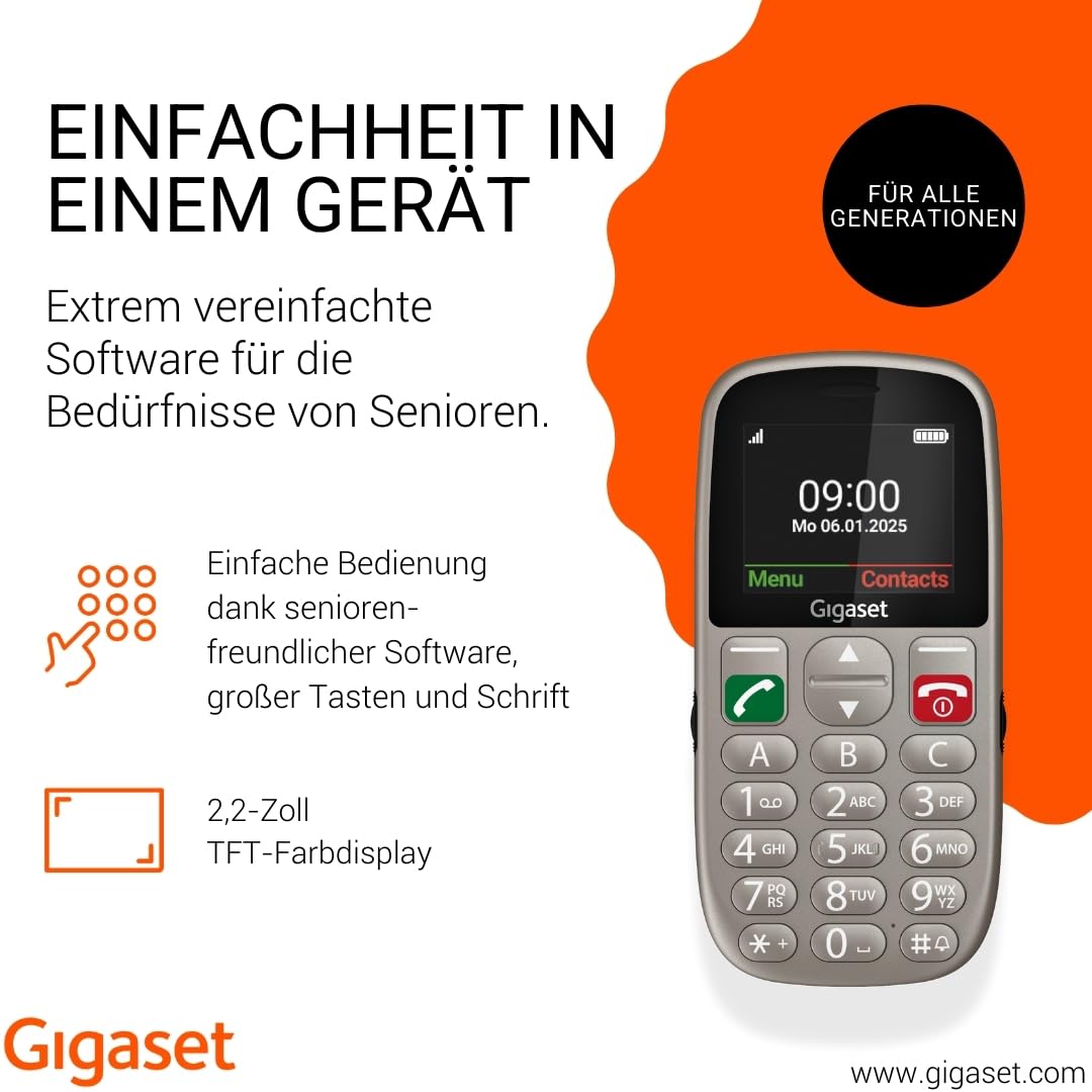 Gigaset GL395 Mobiltelefon – einfache Bedienung für Senioren, große Tasten & SOS-Notruftaste – Staub- & spritzwassergeschützt IP44 Schutzklasse – ohne Vertrag – 2,2 Zoll TFT-Farbdisplay, Titanium