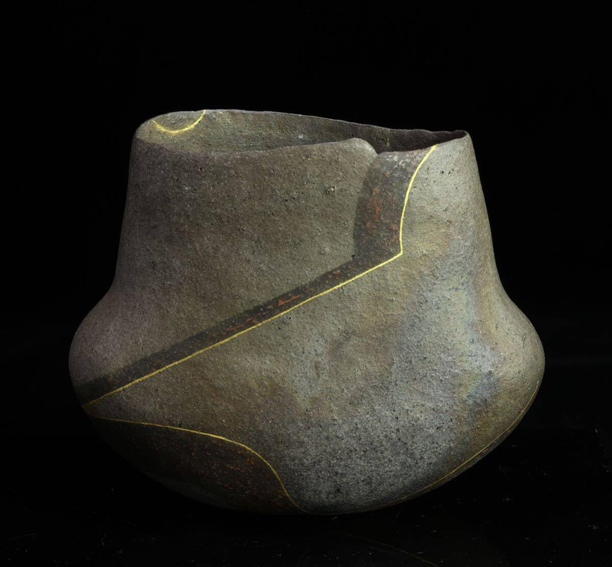 佐藤和彦 灰陶釉線文変形鉢 共箱 茶碗 鉢 - 工芸品
