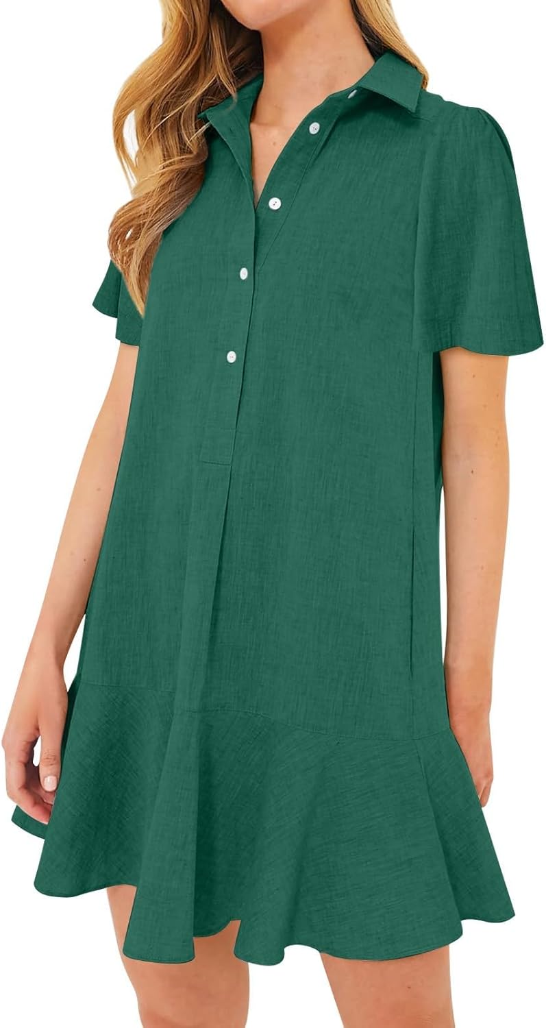 Cotton Shirt Dress for Women Summer Casual Short Sleeve Mini Dress Button Down Shirt Dress Shift Dresses S-XXL