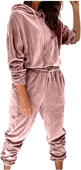Lastesso Womens Track Suits 2 Piece Set Velour Solid Sweat Suit Long Cinch Sleeve Hoodies Elastic Cinch Bottom Pants Outfits