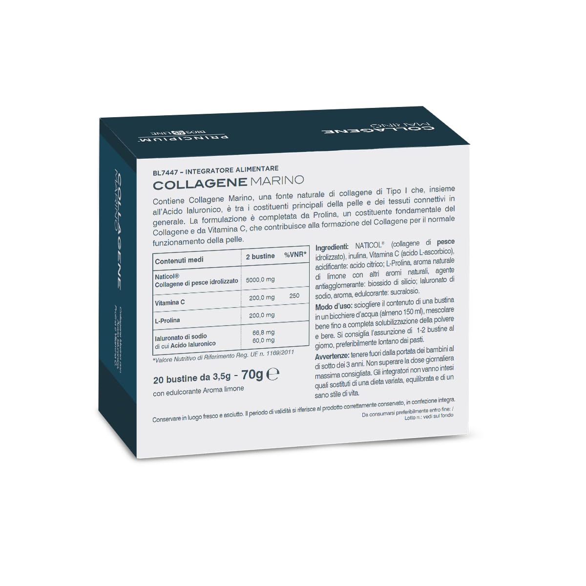BIOS LINE, Principium Collagene Marino, Integratore Alimentare per l'Elasticità della Pelle, Integratore Pelle Viso; Attenua le Rughe, 20 Buste da 3,5g