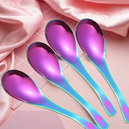 Miniatura 5 de Juego de cuencos arcoíris de 14 onzas con 4 cuencos de sopa y 4 cucharas de sopa, cuencos de cereales de doble pared de acero inoxidable 304 para el