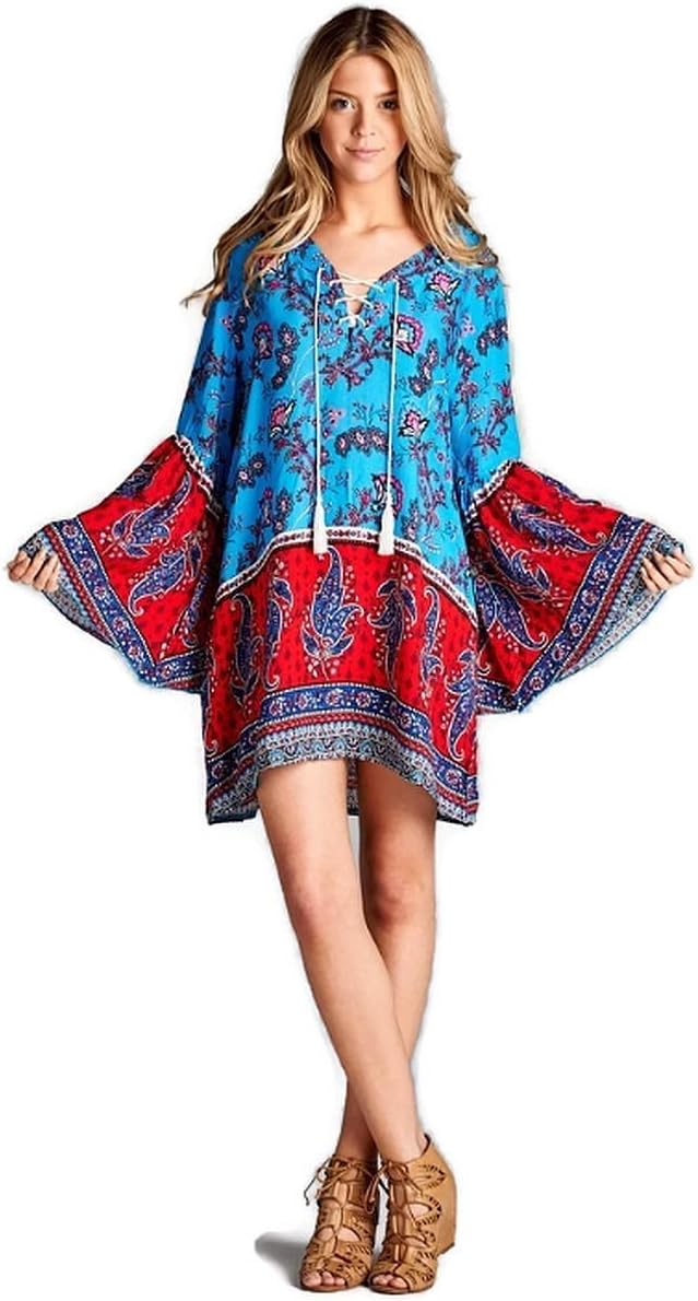 Bell Sleeve Paisley Print Tunic Dress Boho Chic Plus Size (1X, Turquoise/Red)