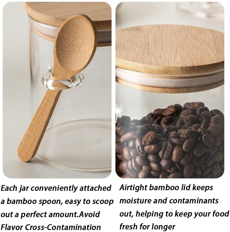 Miniatura 2 de Tarros de vidrio con tapa y cuchara de madera, recipientes herméticos para almacenamiento de alimentos para azúcar, café, harina, especias, juego de
