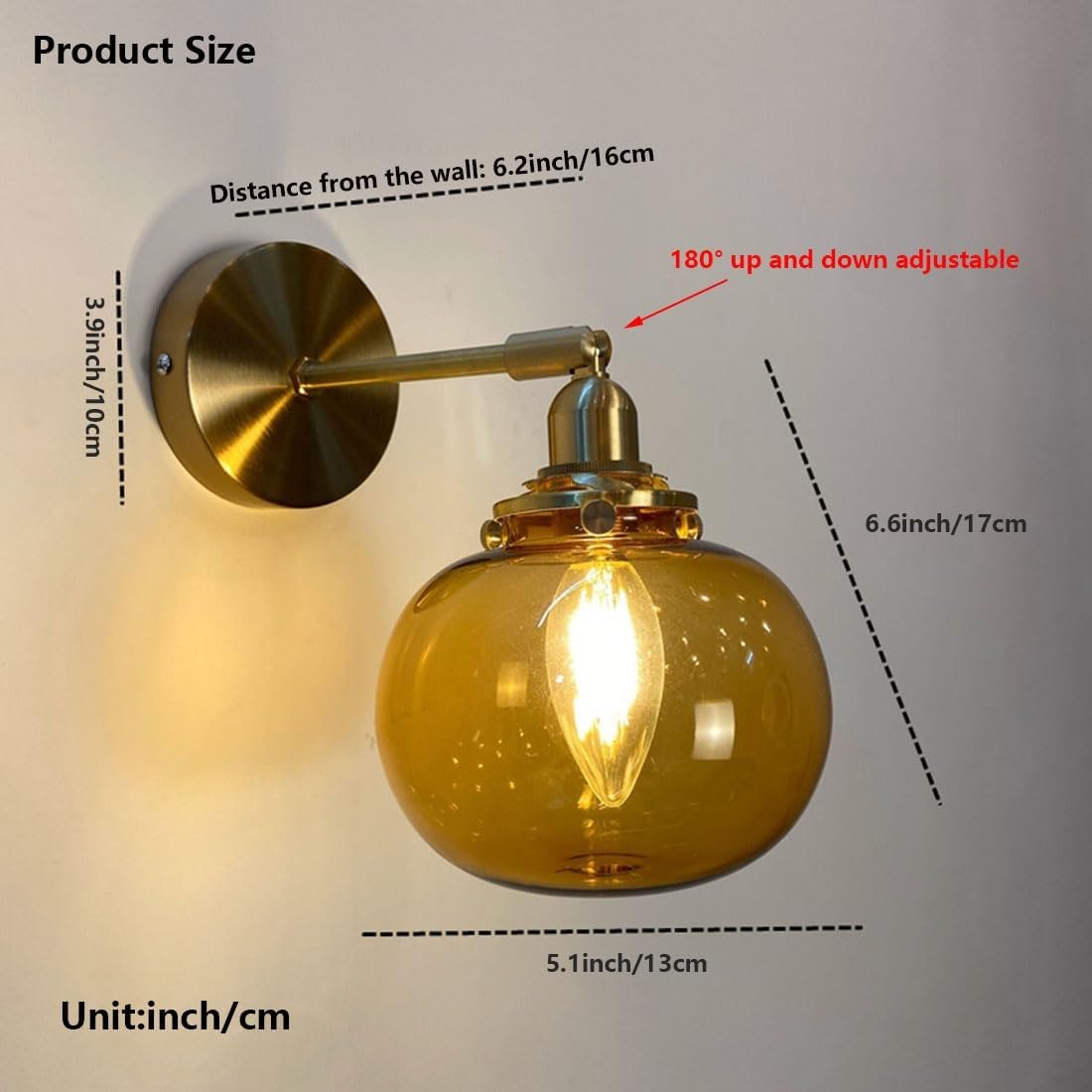 Kinkiety do sypialni, styl industrialny vintage, szklana globus, przełącznik obrotowy, abażur ze szkła bursztynowego (brązowy)