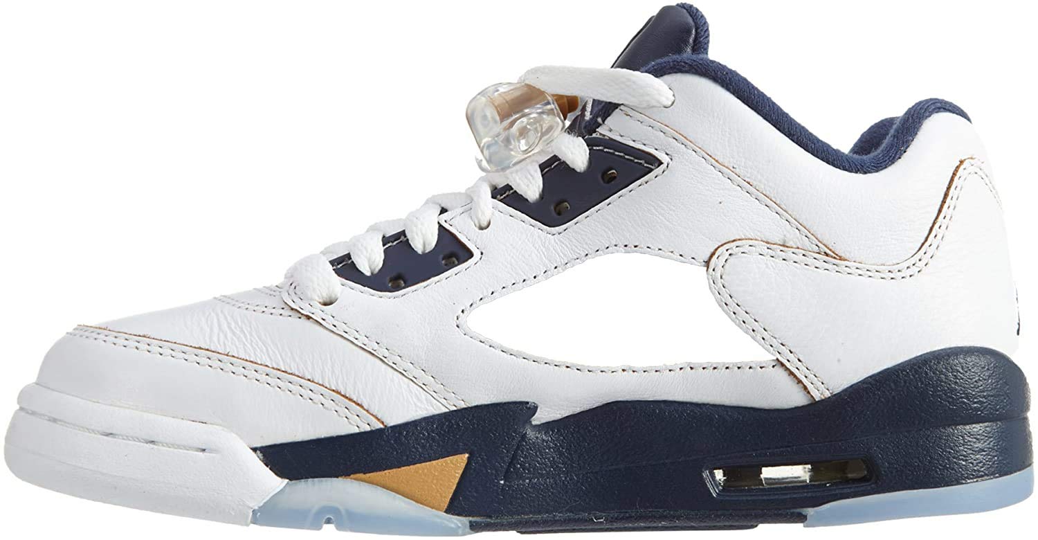Nike Boys Jordan 5 Retro Low (GS) Dunk from Above White/Metallic Gold-Midnight Navy Leather Size 6.5