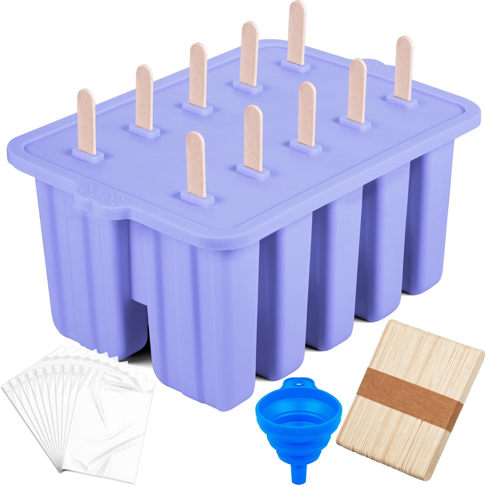 Purple Silicone Popsicles Molds,10 Cavity Homemade Popsicle Molds DIY Ice Pop Molds for Kids & Adults Food Grade BPA-Free with Popsicle Maker Sticks Popsicles Bags A Funnel Purple-10Cavity