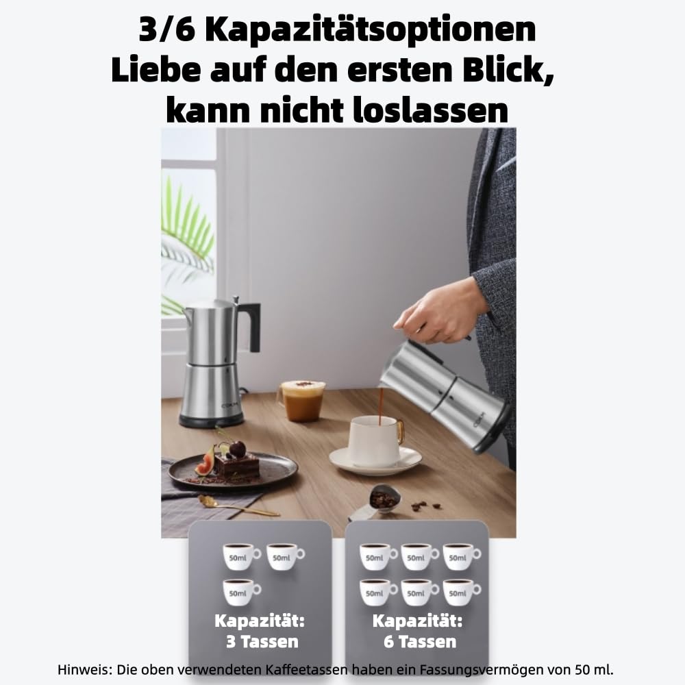 Espressokocher Elektrisch, Edelstahl Moka pot, One-Touch, 3-6 Tassen | Automatische Mokka-Kaffeemaschine, italienische Espressomaschine, Automatische Abschaltung, 340 ml Espressomaschine
