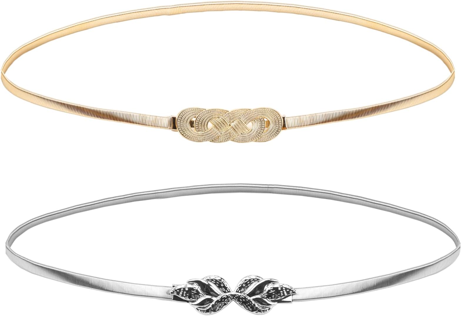 Beehug2PCS Women Skinny Belt, Thin Metal Chain Stretch Elastic Waistband, Fashion Dress Belts Elastic Chain Waist Belt, Adjustable Thin Waist Belts with Alloy Buckle for Blouse Dresses(Gold and Silver)