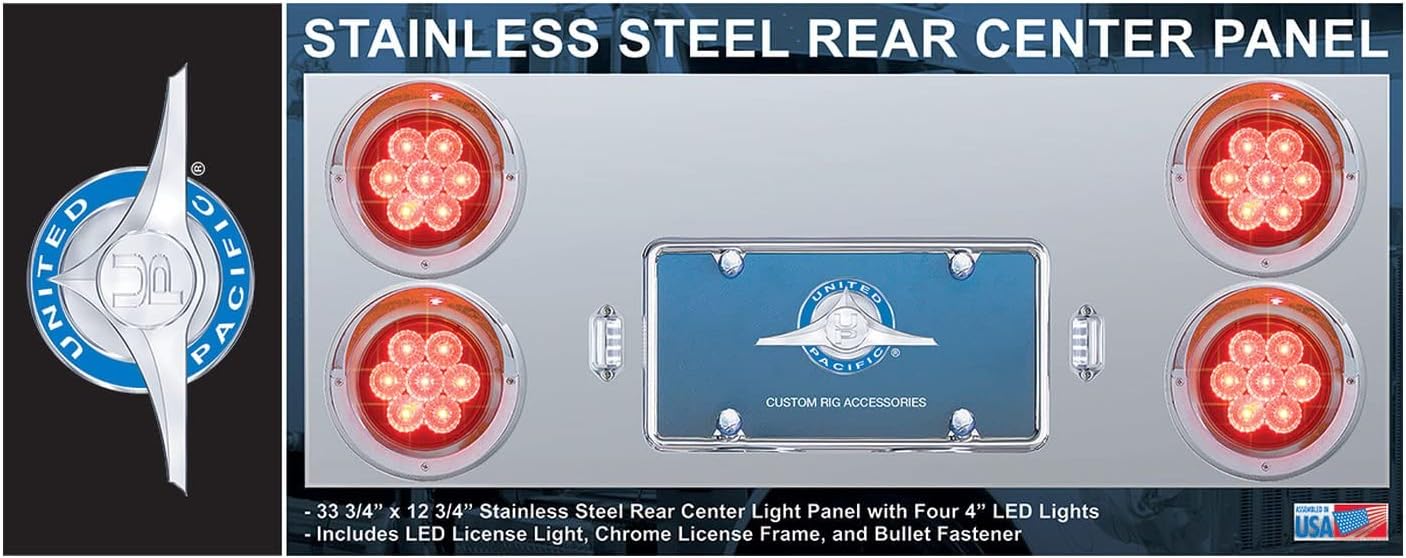 United Pacific 35082 Tail Light Panel, Stainless Steel, Rear Center, with Four 7 LED 4" Light & Bezel, Red LED/Red Lens, Competition Series