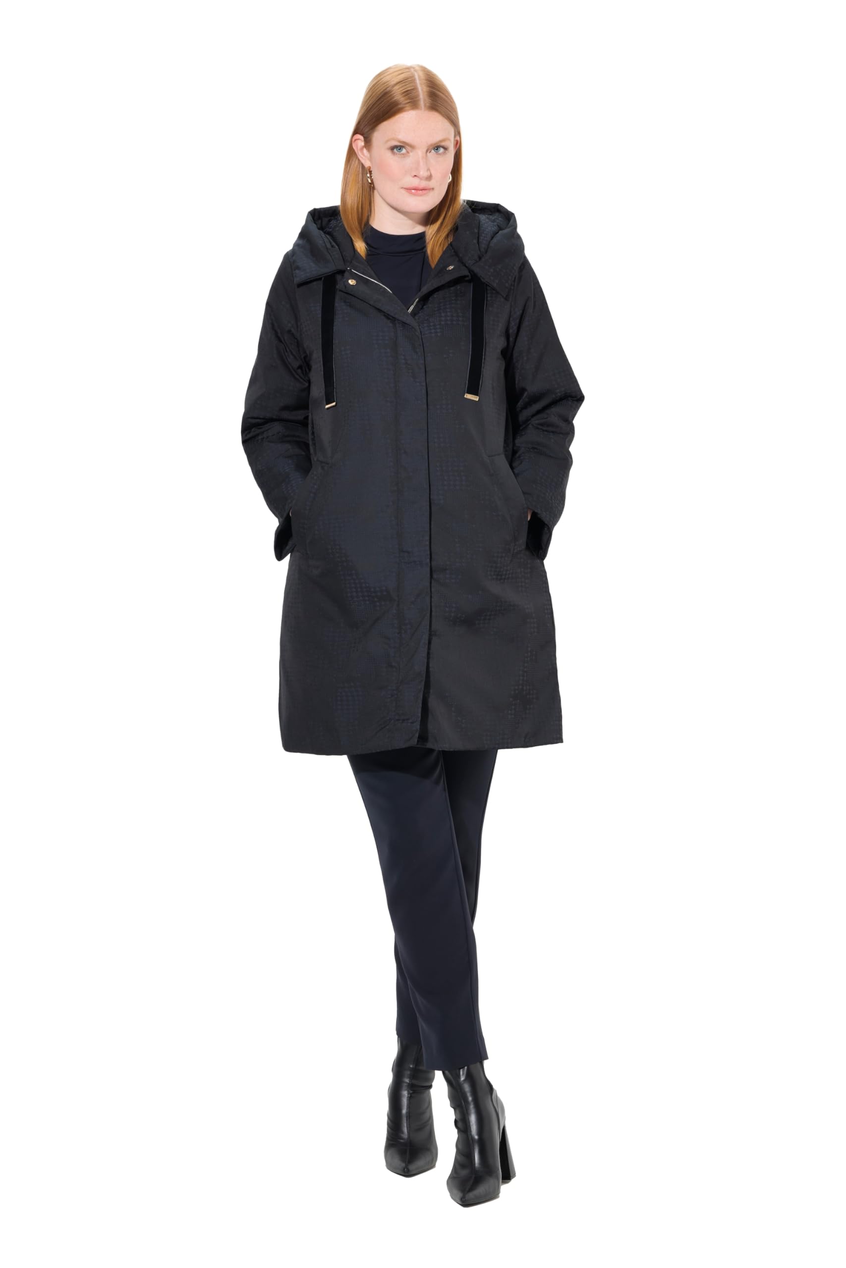 Ulla Popken Damen große Größen Übergrößen Plus Size Steppmantel, Hahnentritt, Kapuze, 2-Wege-Zipper 833909