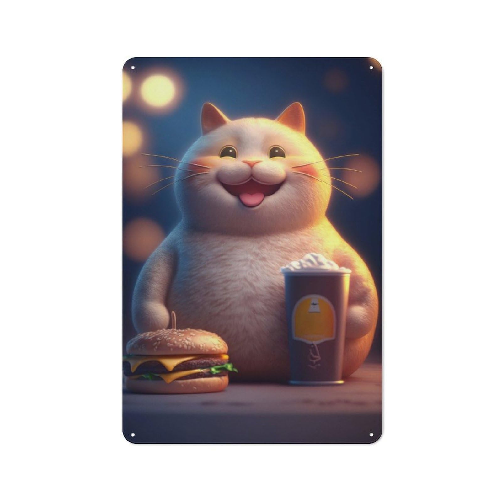 Junmoney Maneki Neko Burger Cat Industrial Metal Wall Decor 30X20cm, Metal Wall Sign For Tool Room, Garage, Studio Or Home Bar