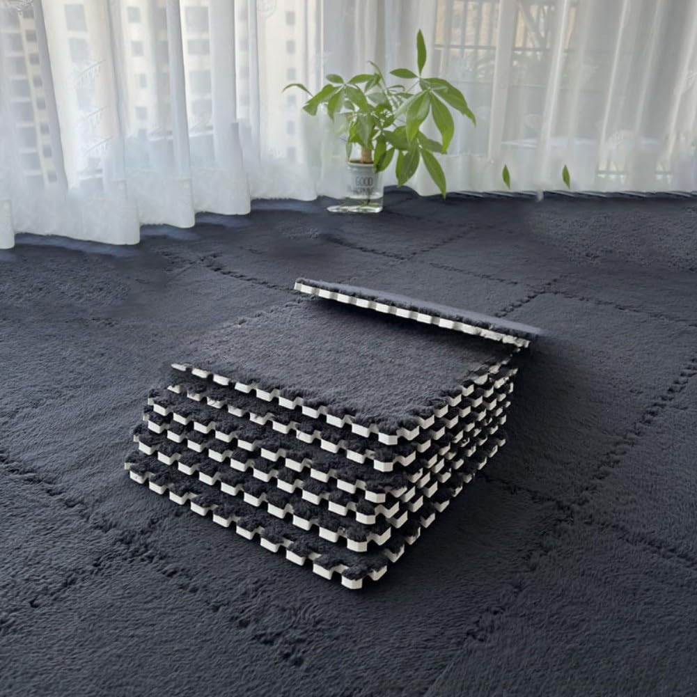 Interlocking Plush Foam Floor Mat, Cuttable Jigsaw Carpet Tiles, Thickened Anti-Slip Flannel Flooring for Nursery Bedroom Living Room, Safe for Babies and Pets(-BLACK)