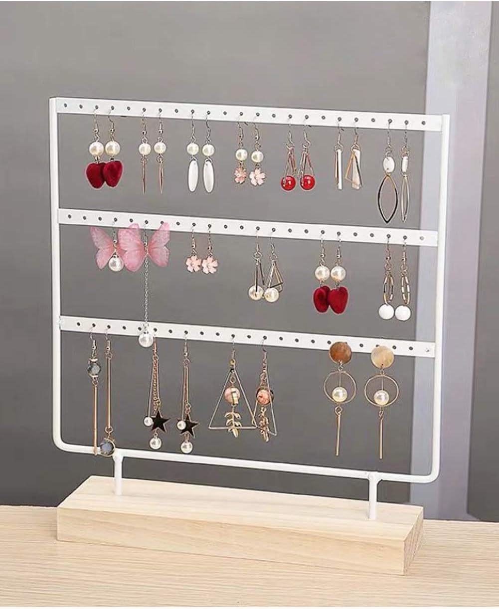 lemonadeus Earring Holder for Hanging Earrings Earring Stand Tree Display Stand Ear Stud Holder Jewelry Tower with Wooden Tray Dish (White（66 Holes 3 Layers）) : Clothing, Shoes & Jewelry