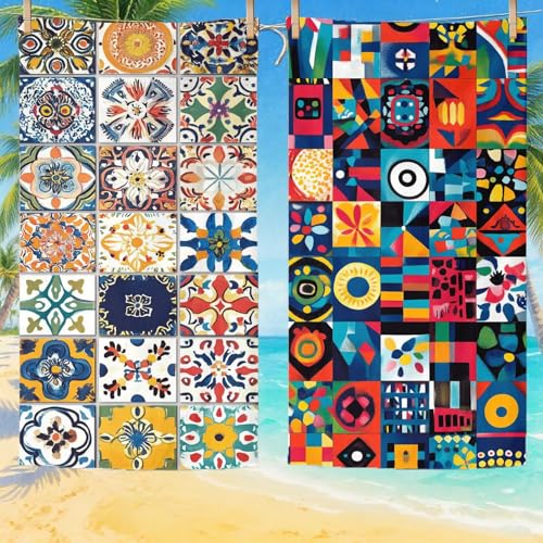 Toalla Playa Grande 80x160 cm Juego de 2, Retro Toallas Playa Microfibra con Secado Rápido Absorbente Antiarena Protección Solar Toallas Baño para Playas Piscina Viajes Camping, Regalo Donna Q-203