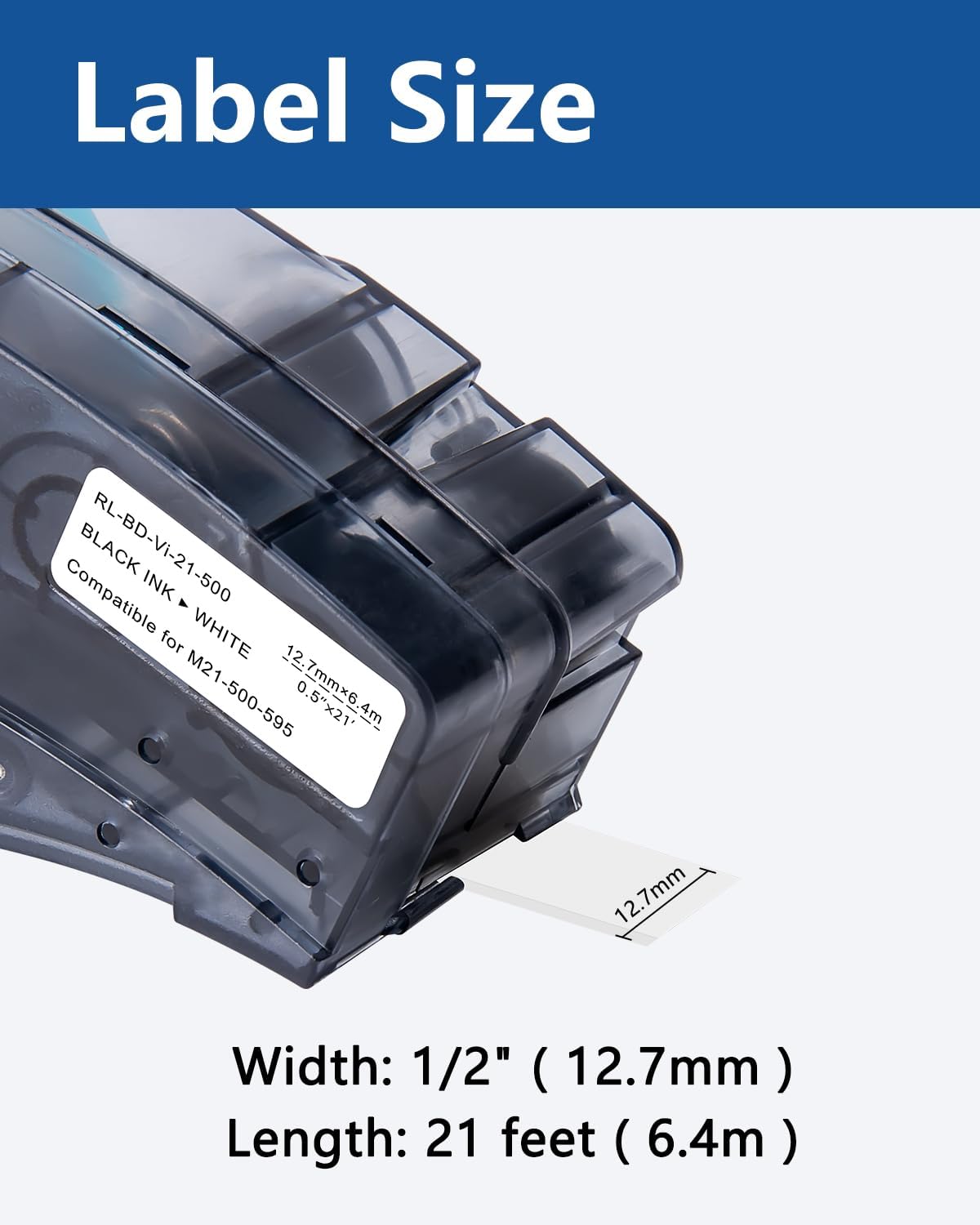 6 Pack Black on White Tape 1/2'' Vinyl Label Compatible for M21-500-595-WT M21-500-595 Label Cartridge, 0.5" W x 21' L for Indoor and Outdoor ID, Not Compatible with M210 and M211