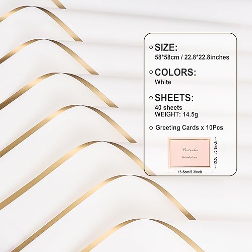 Miniatura 3 de 40 hojas de papel de regalo de flores con borde dorado con tarjetas, papel de regalo de ramo blanco, papel de regalo floral hermético, suministros