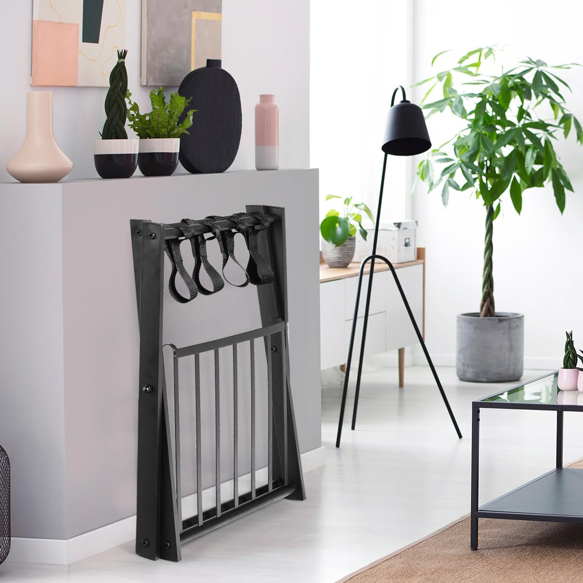 HOMASIS 2 Portavaligie Pieghevole 2 Sgabelli Reggivaligia in Metallo 68 x 43 x 56 Nero