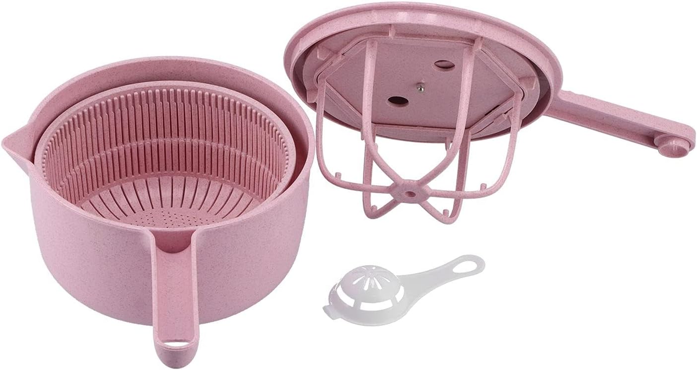 Household Manual Salad Spinner, Vegetable Drainer with Removable Basket, Long Handle for Easy Pouring, Dishwasher Safe, Includes Drain Basket, Stirring Basket, Egg Strainer (Roseate)