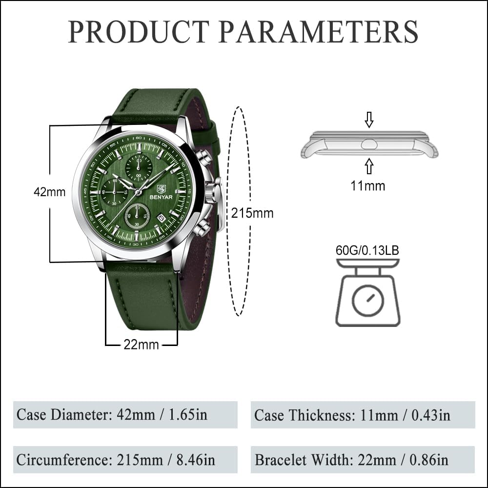 BENYAR Mens Watches Analog Quartz Chronograph Waterproof Wrist Watches for Men Luminous Fashion Business Casual Sport Elegant Dress Watch with Calendar Stainless Steel/Leather Strap - Image 5