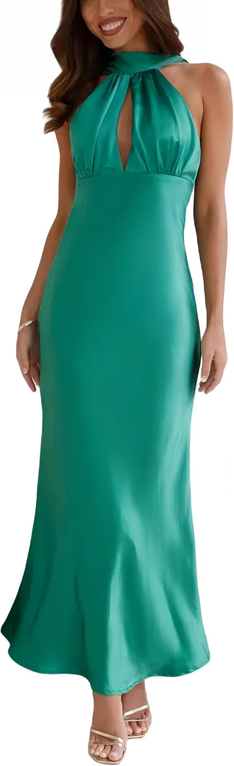 Satin Cutout Halter Neck Midi Dress Silk Sexy Sleeveless Backless Empire Waist Formal Dresses for Wedding Guest