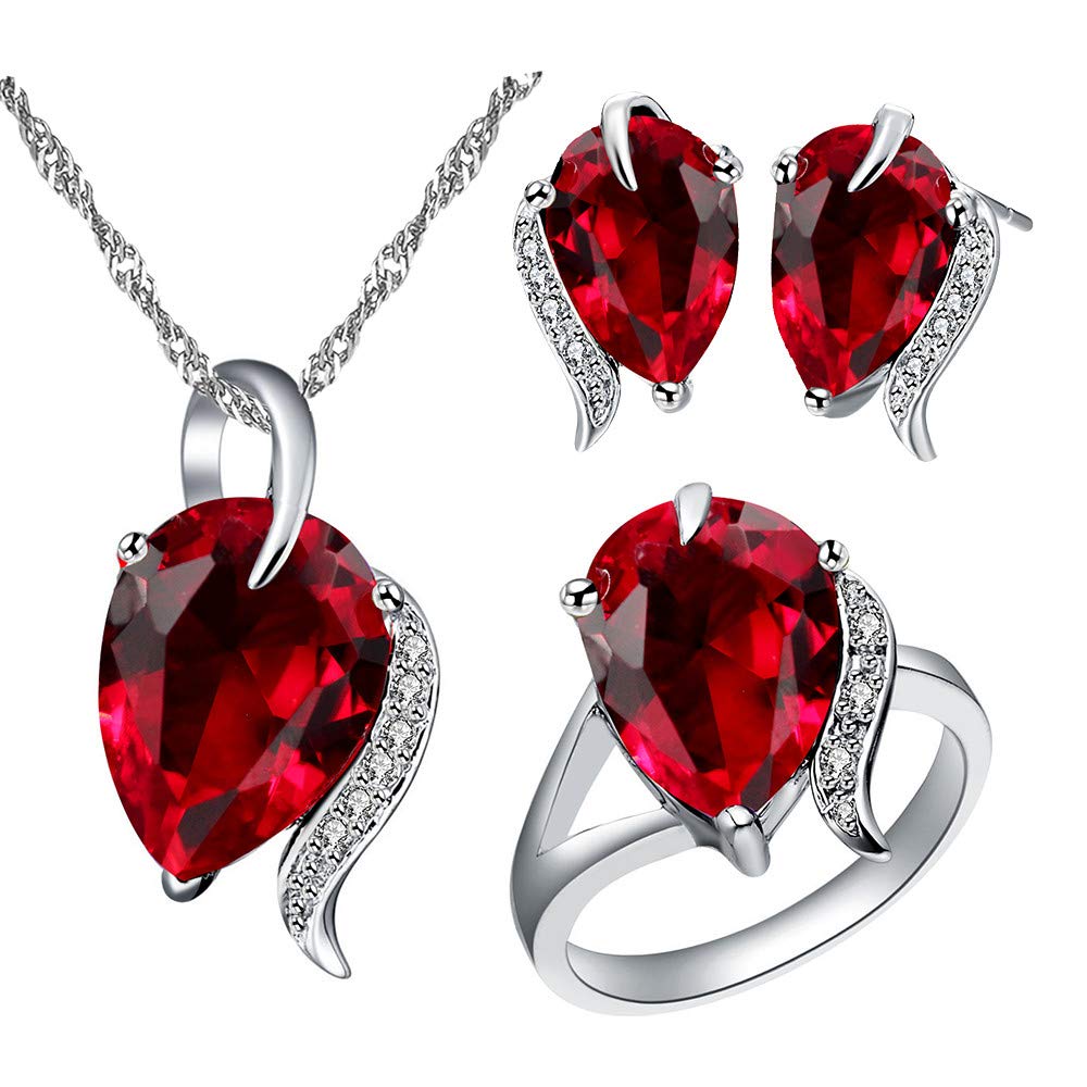 Uloveido Moda Aniversario de Boda Conjunto de Joyas para Mujeres Pera Forma Rojo Púrpura Collar de Cristal Studs Anillo de Joyería Conjunto para Niñas T300